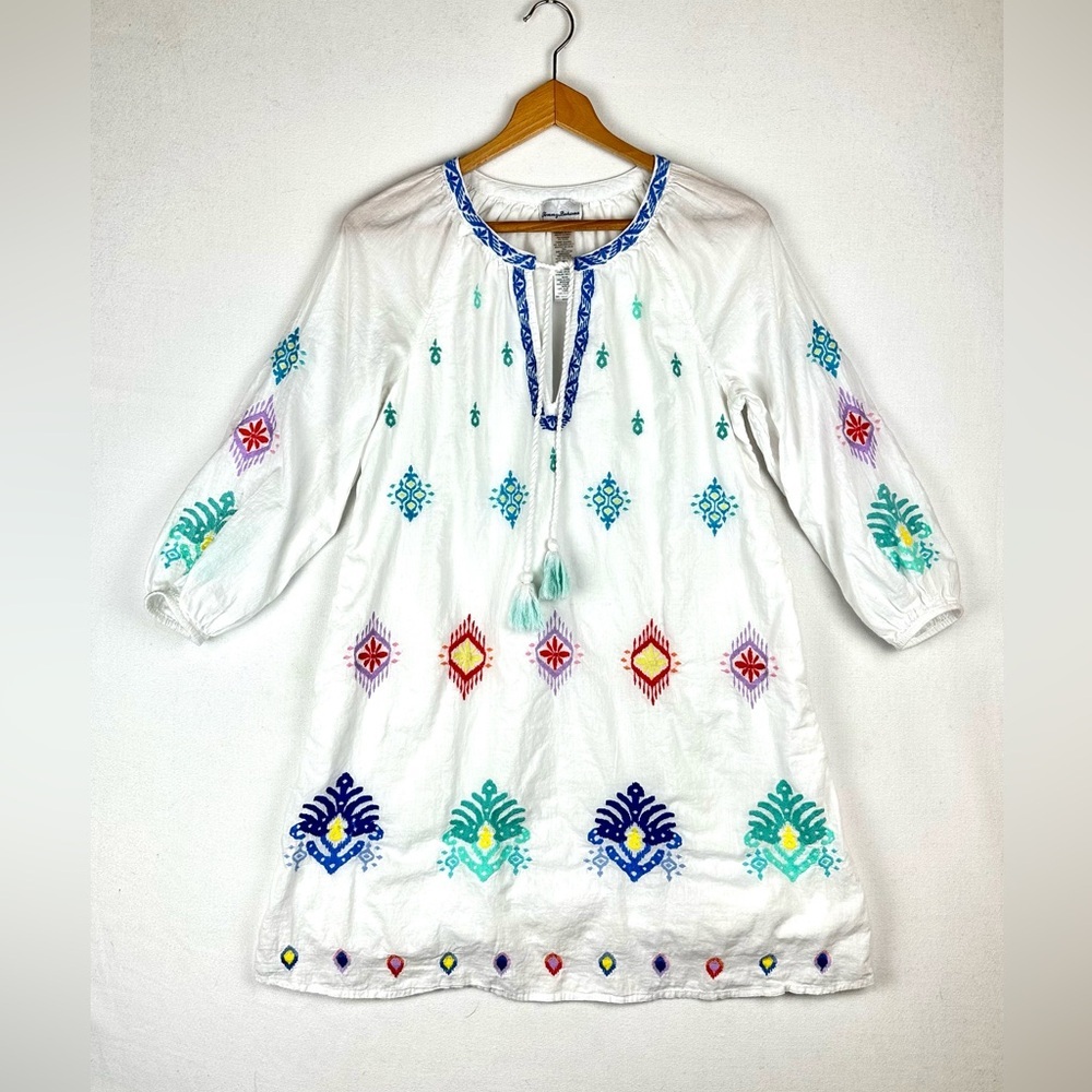 Tommy Bahama Watercolor Cotton-Voile Embroidered Split Neck Dress Resort Beach - Picture 2 of 11